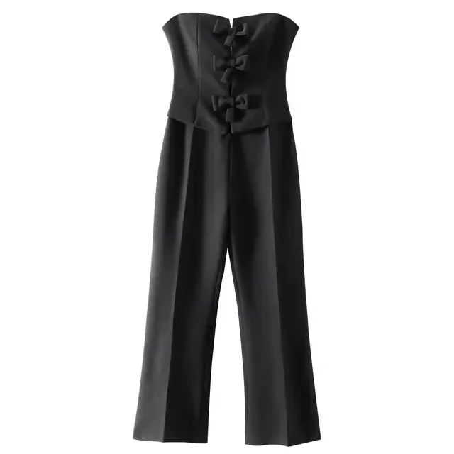 New Women Elegant Chic Sleeveless Backless Side Zipper Bow Hollow Decorate Woman Solid Color Slim Wide Leg Jumpsuit