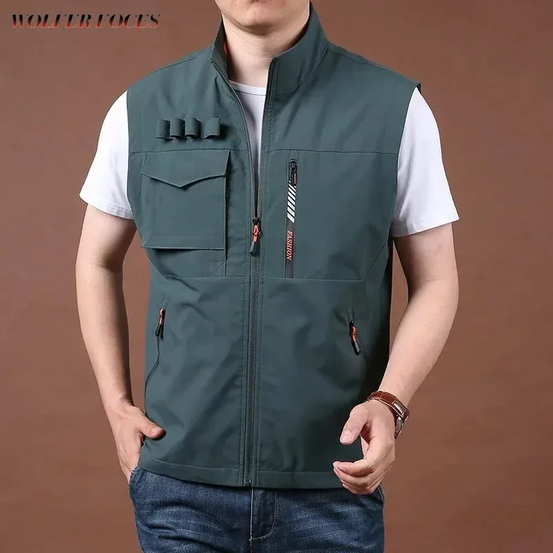 

Work Plus Size Outerwear Men's Hunting Fishing Embroidered Sleeveless Jacket Multi Vest Pocket Windbreaker Large Denim Camping