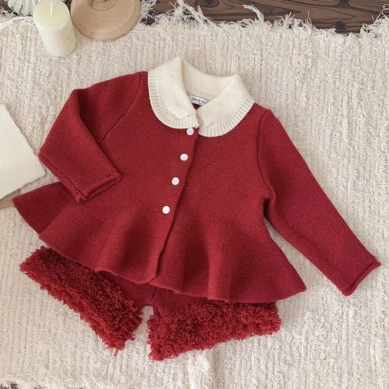 2024 جديد الخريف الشتاء الرضع طفل الفتيات الملابس مجموعة طويلة الأكمام سترة مشغولة من الصوف + السراويل طفل رضيع محبوك الملابس دعوى