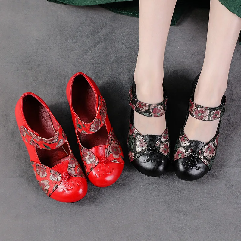 XT Cowhide Summer Low-Heeled Casual Women\'s Shoes Ethnic Style Women\'s  Shoes Color Matching Comfortable Soft-Soled Mother shoe