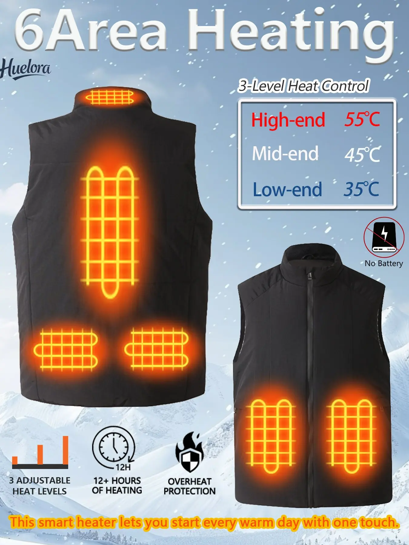 Huelora 6 Zones Heated Vest for Men Women, 3 Heat Levels USB Electric Heating Gilet, Dual Control for Outdoor Sports, No Battery