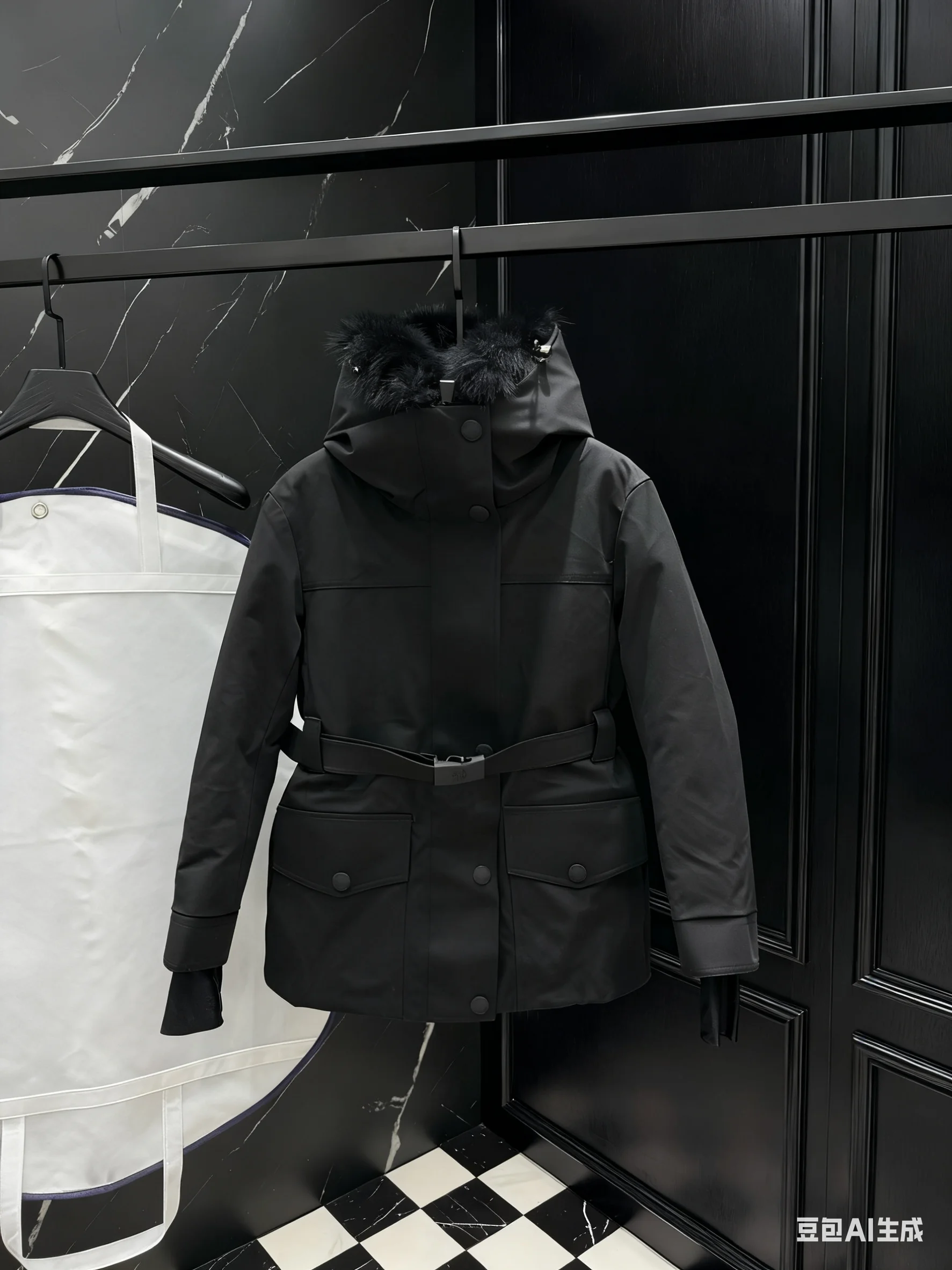 

2025 Real Fox Fur Trim Hooded Down Coat for Women Mid-Length Belted Warm Outwear