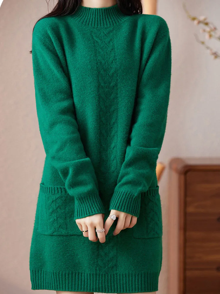 Suéter holgado grueso medio largo para mujer, Jersey de punto con cuello medio alto a la moda coreana, suéter de punto informal con parte baja holgada