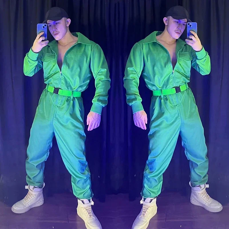 Vêtements de danse Hip Hop pour hommes, costume de batterie verte, tenue de séparés eur de jazz, costume de scène, costume de discothèque, fête, homme musculaire, tricot G