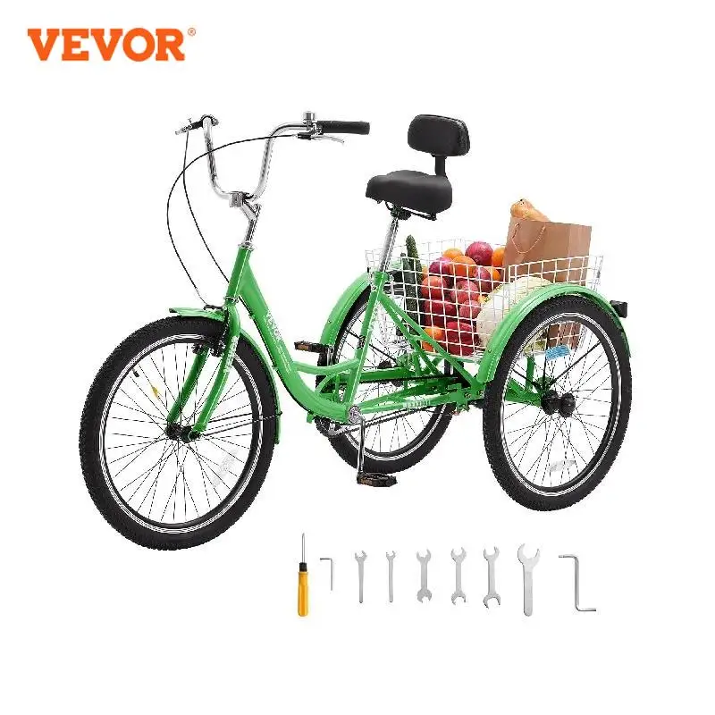 

VEVOR Adult Tricycles Bike 24 Inch Three-Wheeled Bicycles 3 Wheel Bikes Trikes Carbon Steel Cruiser Bike with Basket (Green)