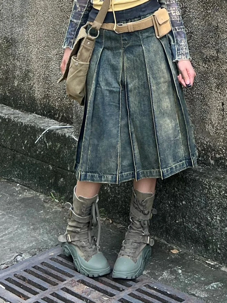 Harajuku Denim Midi saia feminina, saias midi plissadas A-Line, Academia Y2K Preppy escura, grunge japonês, Gyaru, novo, moda, anos 2000