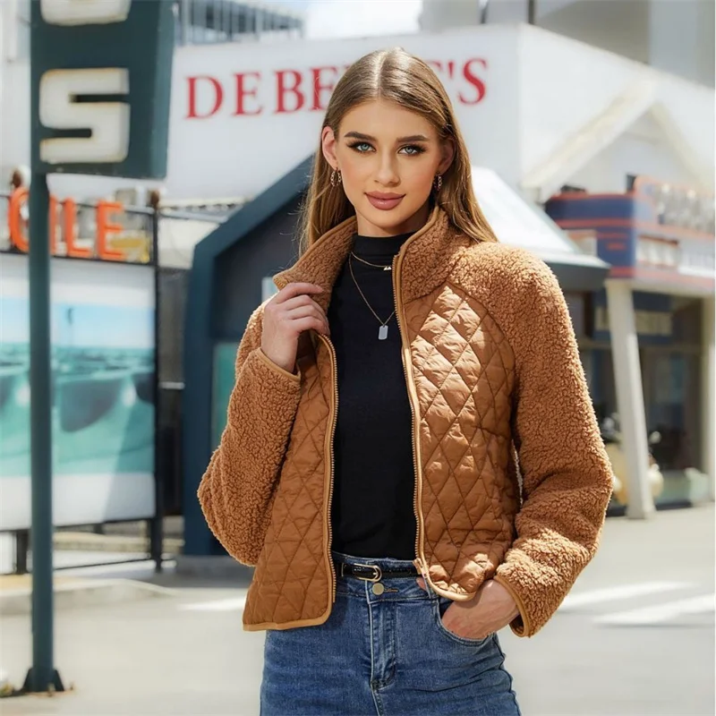 Streetwear Women's Double-sided Plush Fleece Coat Patchwork Short Jacket Pile zip-up Slim Tops Female Retro Fluff Coats Autumn