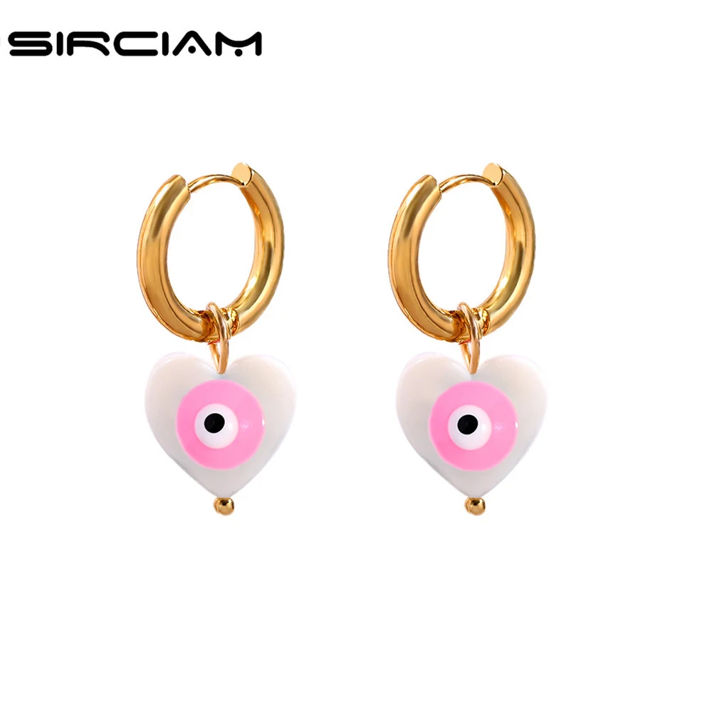 สีชมพูรูปหัวใจ Evil Eye Hoop ต่างหูสำหรับผู้หญิง Boho เรขาคณิต Shell Eye สแตนเลสวงกลมต่างหู Y2K เครื่องประดับอุปกรณ์เสริม