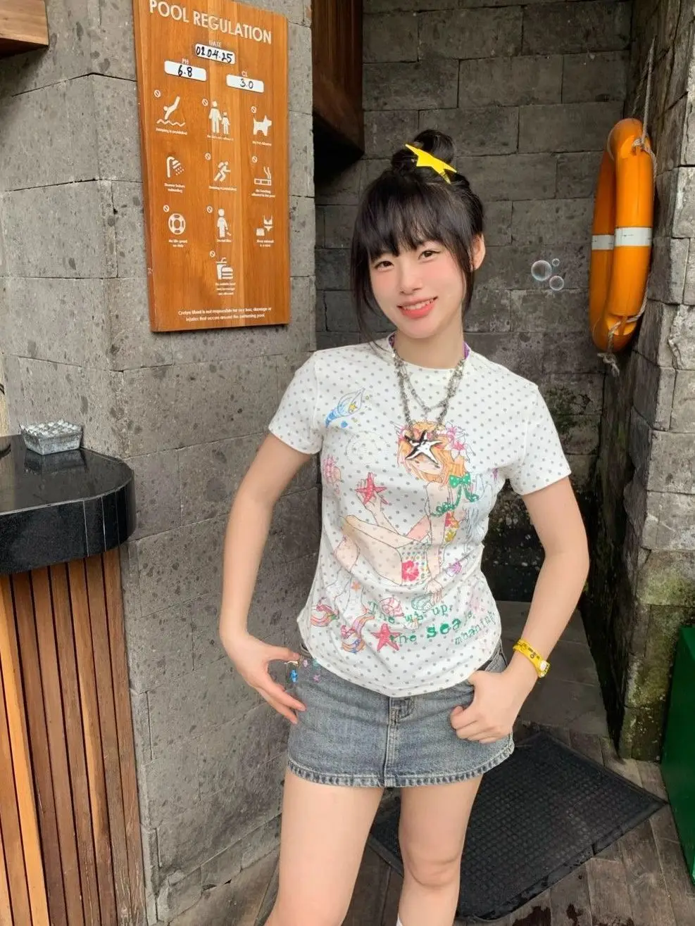 New O-neck Top for Women Y2k Slim Fit All-match Tee Shirt Gray White Wave Point Print Short Sleeve T-shirts 2026 Summer