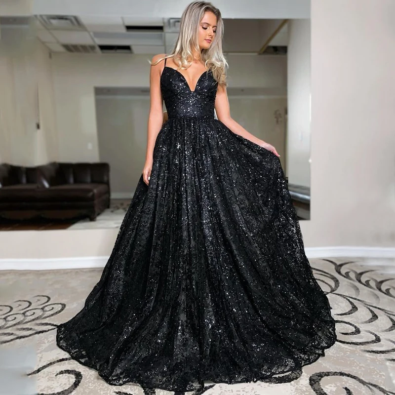 

V-Neck Spaghetti Straps Floor-Length Pleats Black Sequins Tulle A-Line Evening Dresses Prom Gowns Robe De Soiree