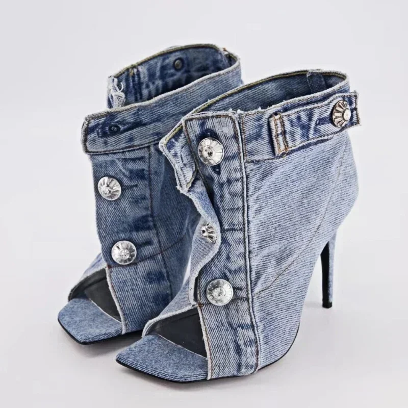 

2024 Summer Brand New Pocket Design Fashion Denim High Heel Sandals Popular Charming Woman Shoes Comfort Slippers