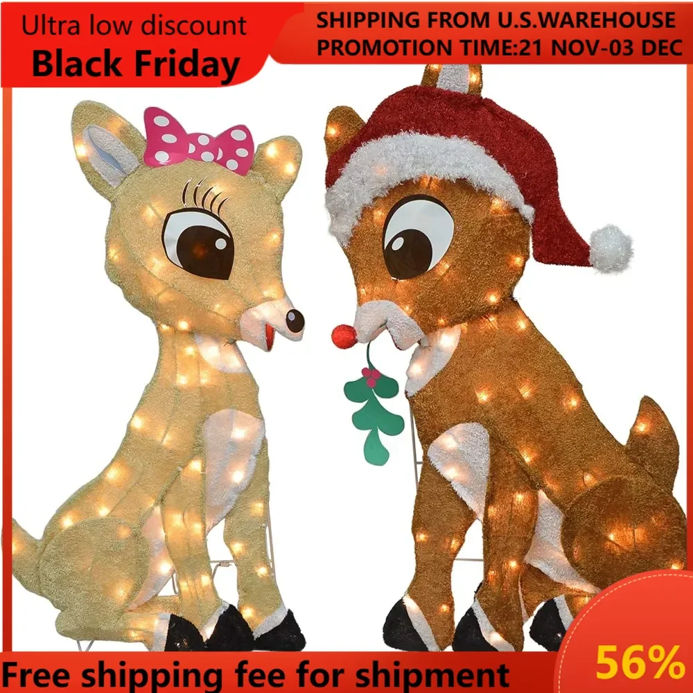 32" Rudolph Pre-Lit 2D Rudolph and Clarice Sitting with Mistletoe Christmas Decor White