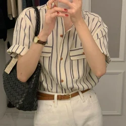 Summer Woman Clothes French Romantic Fashion Style Striped Pocket Casual Office Lady Preppy Style Short Sleeve Shirt Temperament