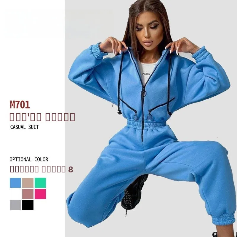 

Женский спортивный комбинезон с капюшоном, длинные рукава, длинные брюки, весенний модный комплект из двух предметов, цветной, для взрослых, для тренировок