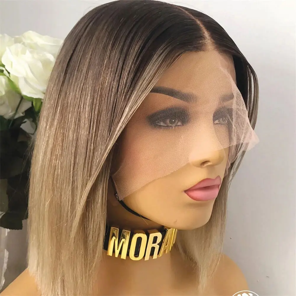 Shoulder  Natural Straight Futura Wig Elastic Honey Blonde Ombre Synthetic Lace Front Wigs Dark Roots Middle Parting Mixed Wigs