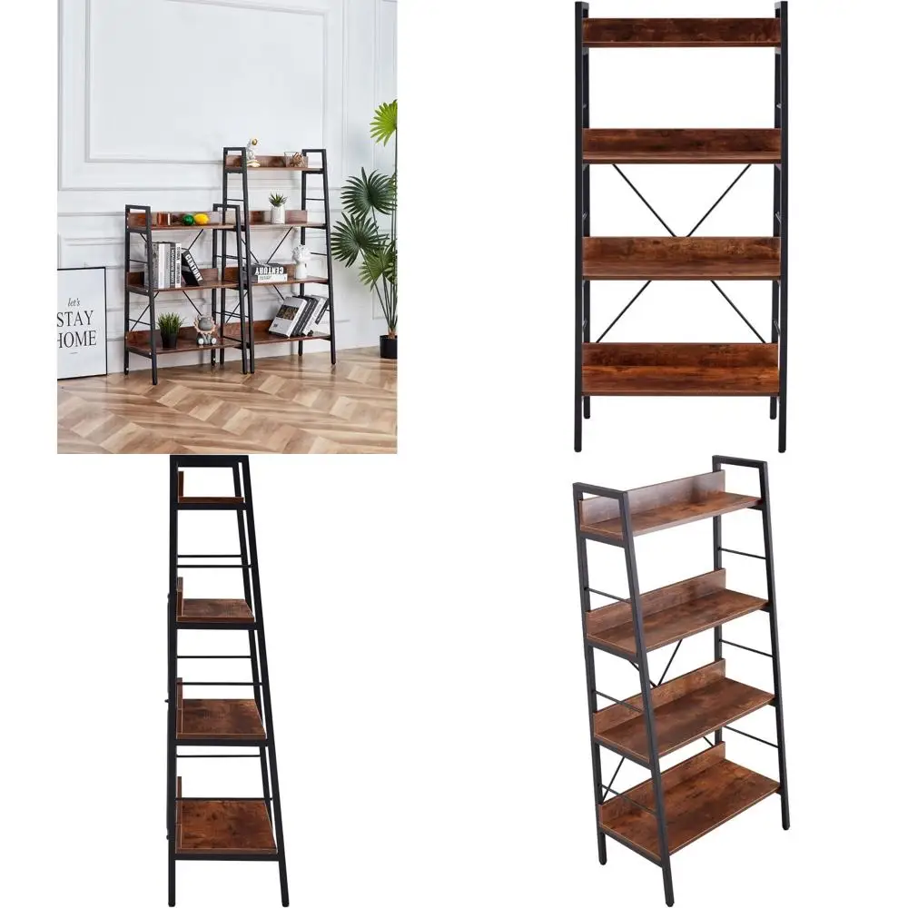 رف كتب بإطار معدني مع أرفف على شكل سلم، وحدة رف تخزين MDF بلمسة نهائية بنية للمكتب المنزلي #1