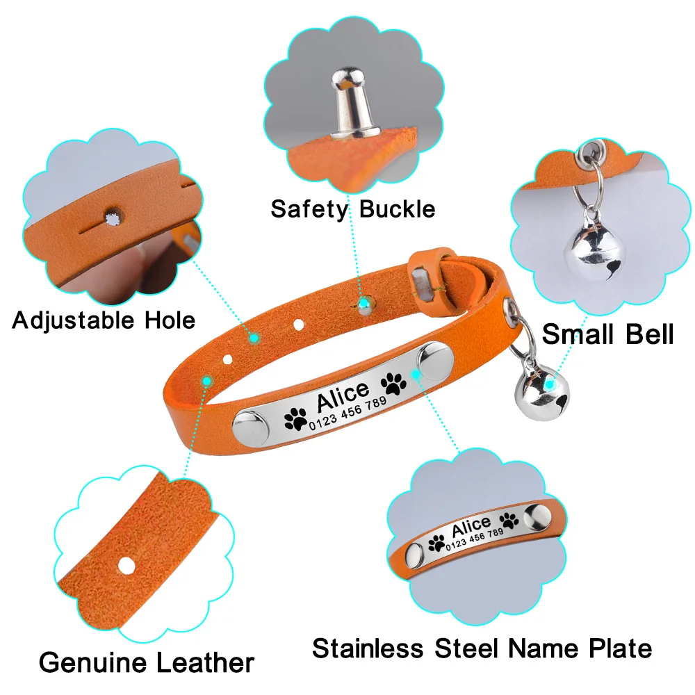 Engraved PU Leather Cat Collar Waterproof Personalized Free Custom Name Adjustable Collars Anti-lost Pu Customized Cat Accessory