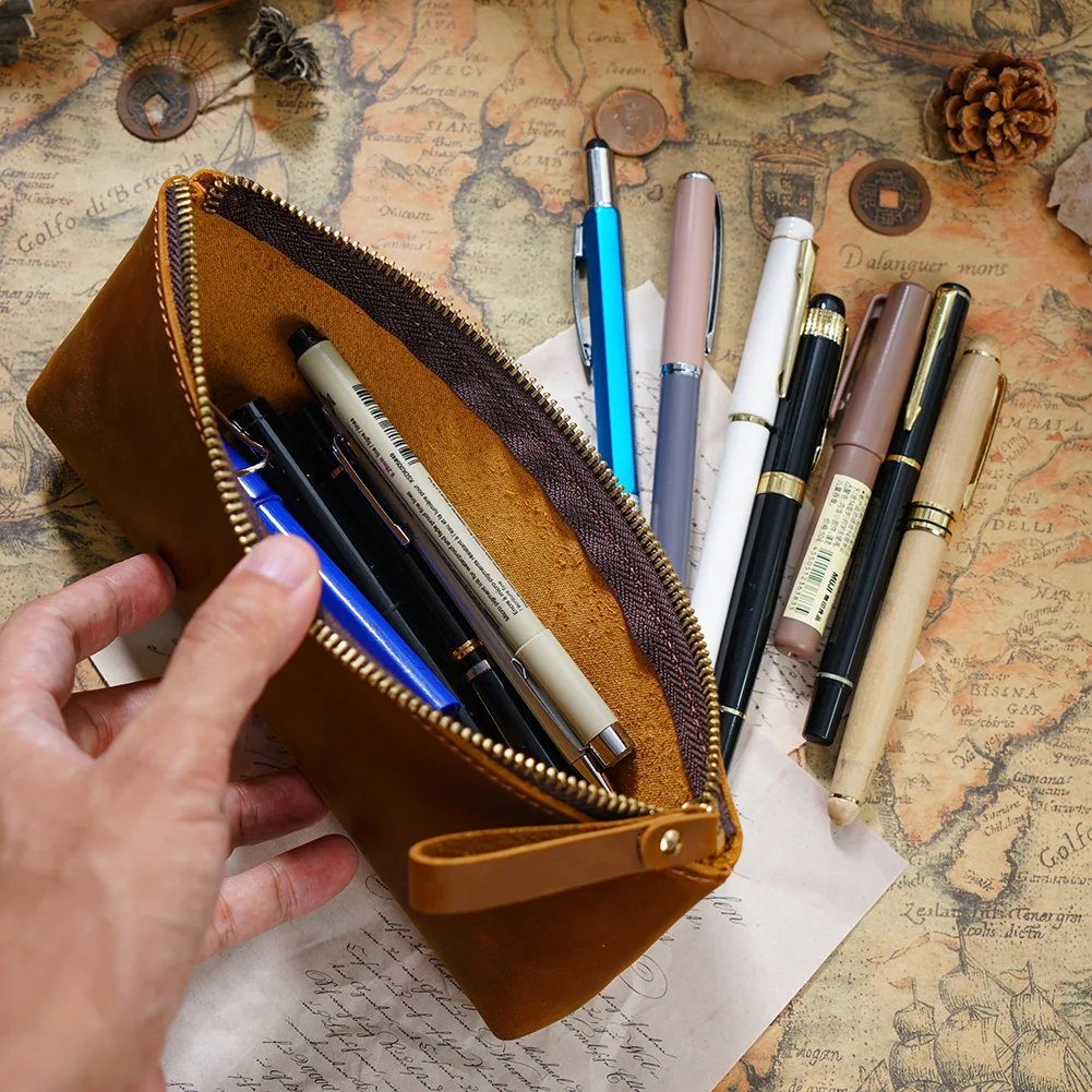 Imagem -02 - Grande Capacidade Crazy Horse Leather Pen Case Unisex Zippered Pencil Pouch Handmade Cow Leather Bolsa para Estudante