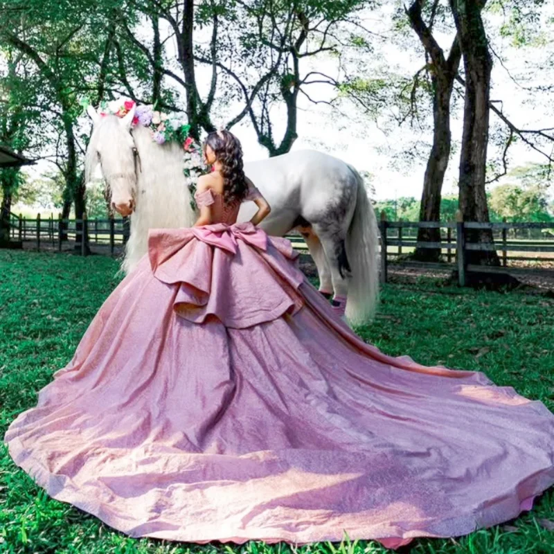 

Shiny Pink Quinceanera Dress crystal glitter Decal Long tail Lace layering Bow Vestidos De 15 Quinceanera ﻿Customize