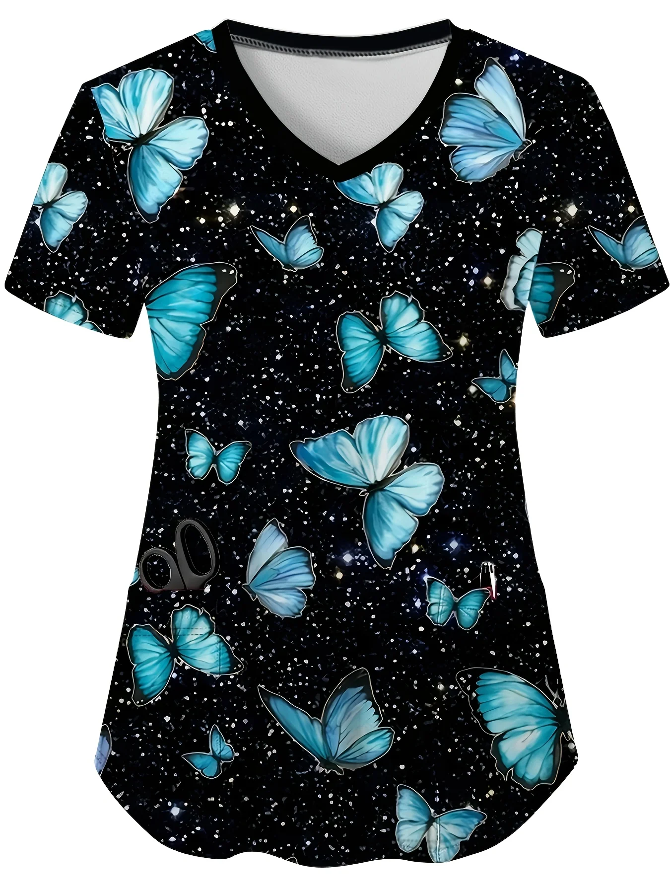 トンボプリント伸縮性デュアルポケットVネックトップ、快適な機能的な夏半袖制服、ナース、婦人服