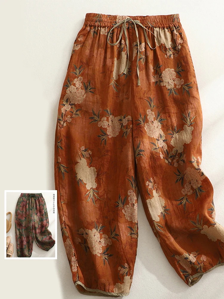 Pantalones Harlan holgados y étnicos Retro para mujer, pantalones informales de lino con estampado Floral, cintura alta, cintura elástica, talla grande, verano