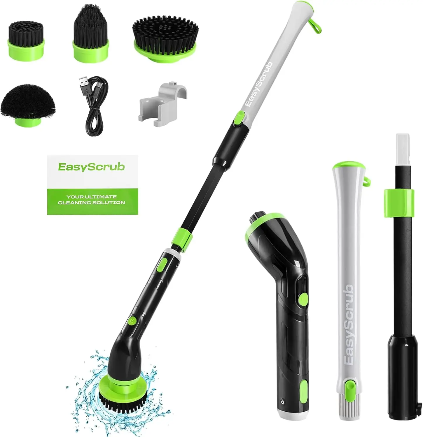 Cordless Electric Spin Scrubber - Powerful 350 RPM Cleaning with 4 Replaceable Heads, Adjustable Extension Handle, IPX7 Waterpro