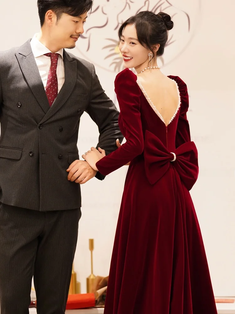 

Ele Red Wedding Dr for ort Women Bridal Par Wear Long Sve V-Ne A-Line Skirt Suitable for Various Ocns