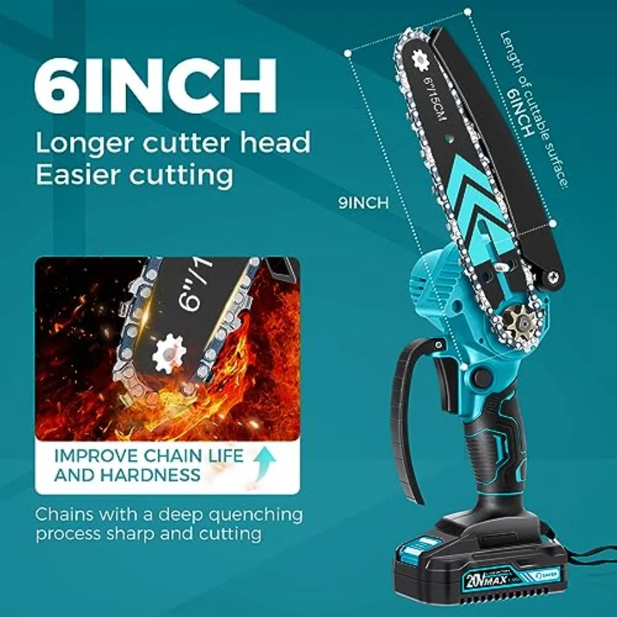 6インチのポータブル電動コードレスチェーンソー、木の枝用、小型ハンドヘルドチェーンソー、中庭、家庭、庭園に最適