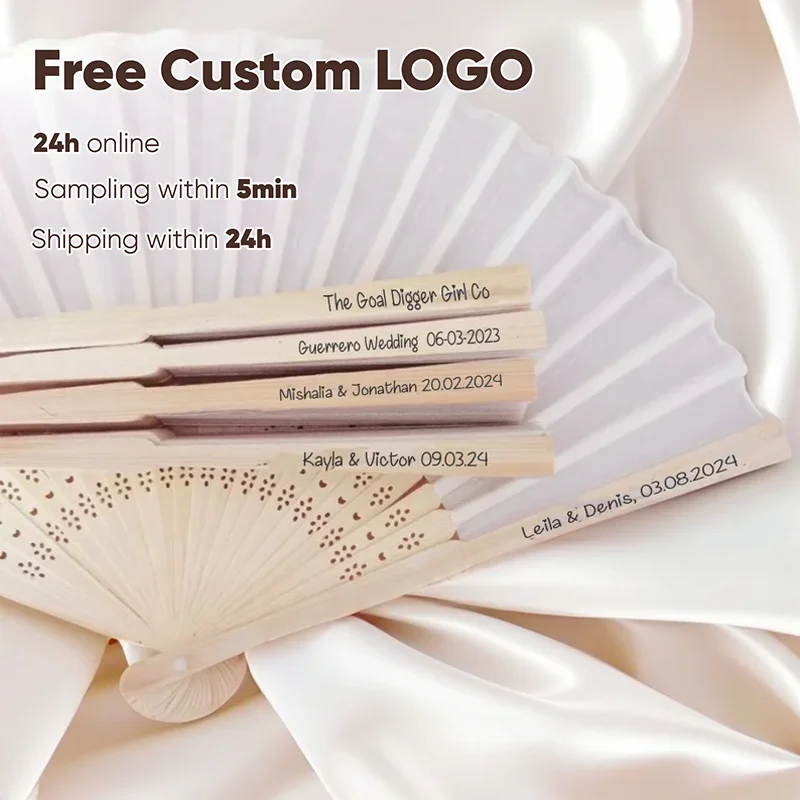 Abanico de tela blanca grabado personalizado gratis, abanico de costillas de madera de bambú para suministros de boda, recuerdo de fiesta, regalo de padrino de boda, abanicos de mano