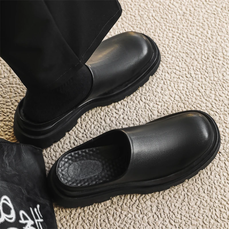 Men Thick-soled Half-slipper Black Color No Heel Front-padded Slip Shoes Men Casual Outerwear Style Slipper Size 38-44