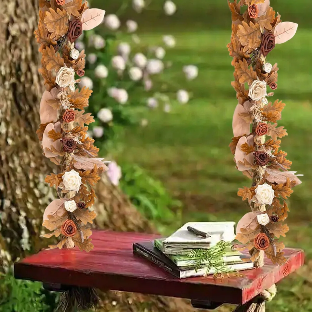 

Fall Eucalyptus Garland with Flowers 5.9ft, Table Runner with Rose Flowers Handcrafted Wedding Centerpieces for