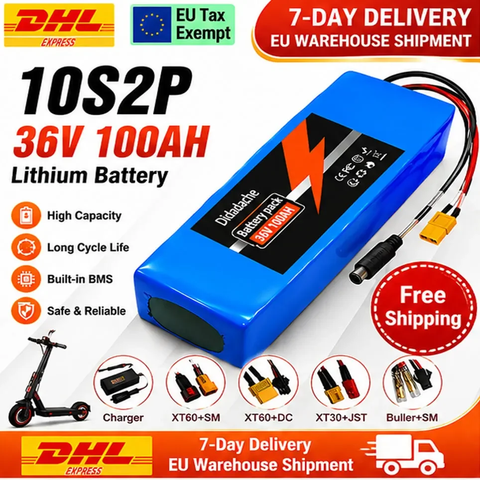Batteria per monopattino elettrico 10S2P 36V 100000mAh, batteria al litio per monopattino elettrico 36V, batteria per monopattino elettrico 500W, batteria 36V 10s2p