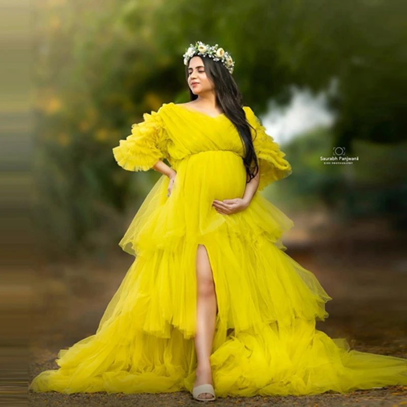 Cozy Maternity Dresses Photoshoot Front Open Yellow Layered Tulle Pregnant Dress Baby Shower Long Lush Sleeve Maternity Gowns