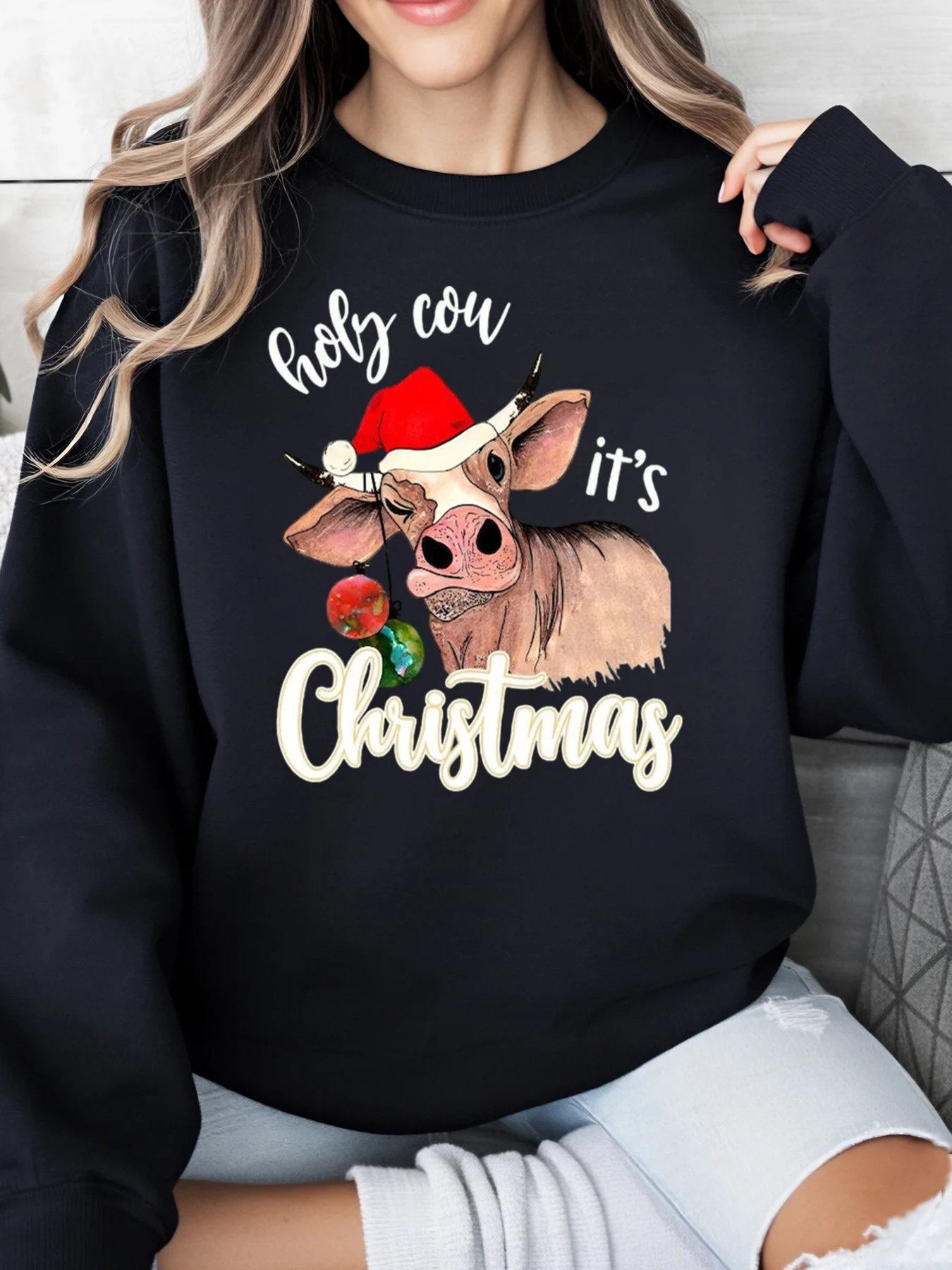 Sudadera con estampado de vaca con gorro de Papá Noel, ropa informal navideña para mujer, color negro, talla grande