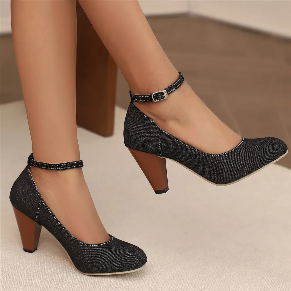 2024 Spring Summer Women\'s High Heel Shoes Denim Pumps T-Buckle Fashion Ladies Spike Heels High Heels for Office Party Banquet