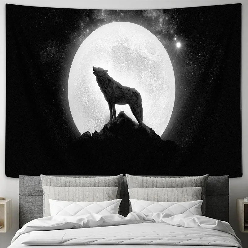 Silueta de lobo bajo luna llena, arte de pared, tela colgante para decoración de dormitorio y sala de estar