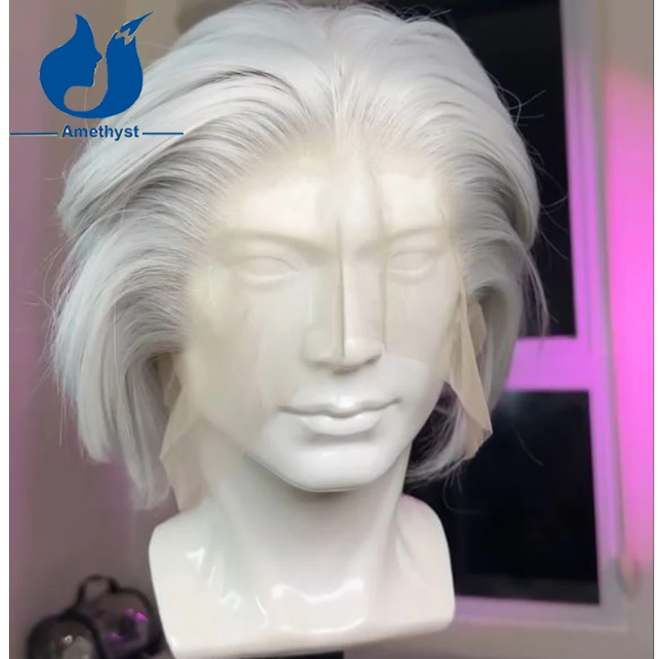 Amethyst Silver Platinum Blond Wolf Cut Short Bob Human Hair Wig for Men 13x4 Lace Front Brazilian Remy Wig Ashy #60 Layered