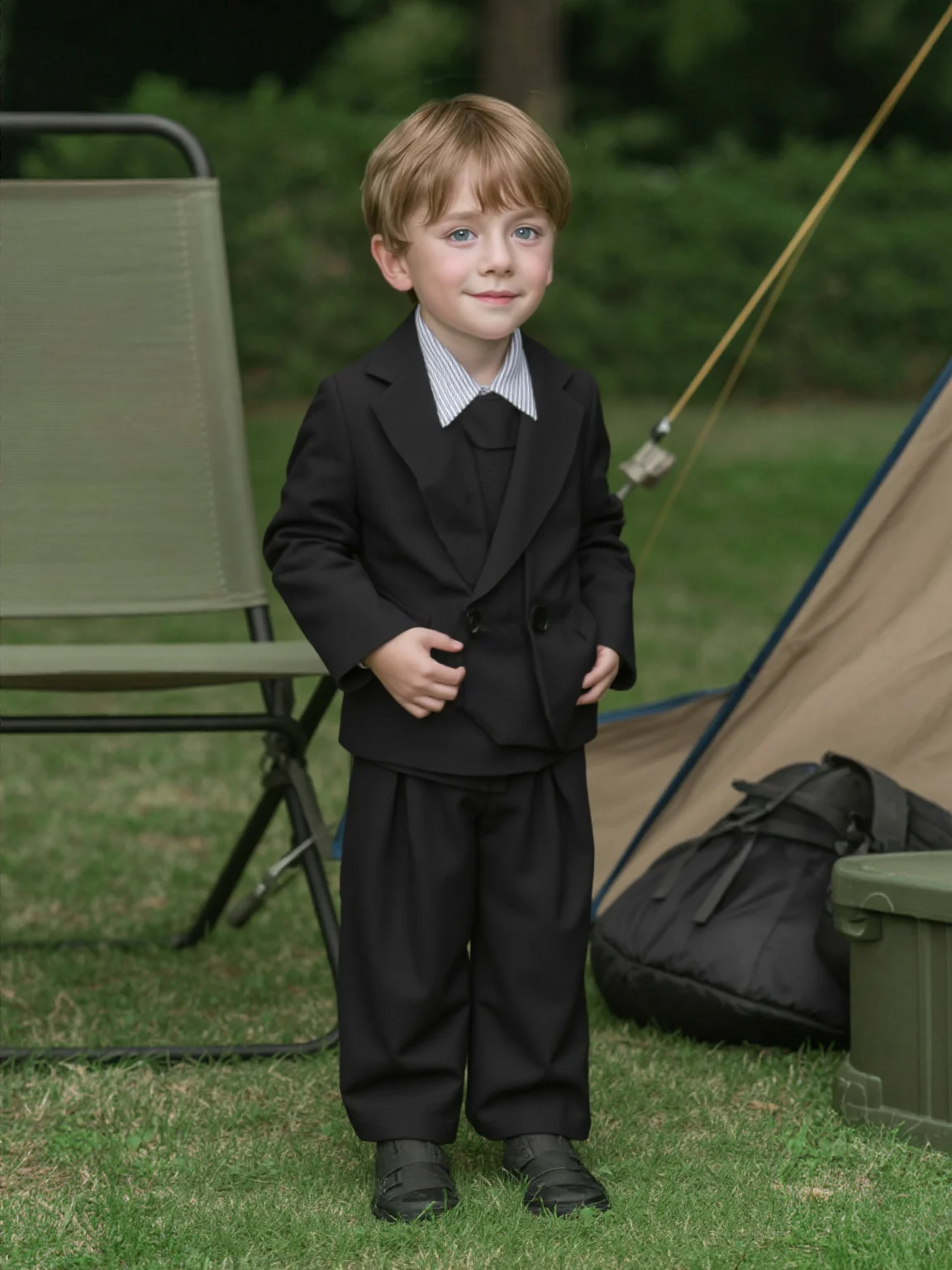 Kids 4Pieces Formal Black Suit Set With Jacket Vest Pants Tie for Wedding Boys Birthday Piano Speech Host Performance Costume