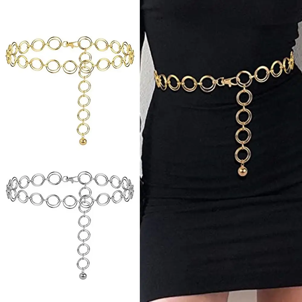 Elegante Vestido Jeans Decorativo Luxo Liga Cintura Metal Cadeia Cinto Duplo Anel Cintura Banda Emagrecimento Cummerbands