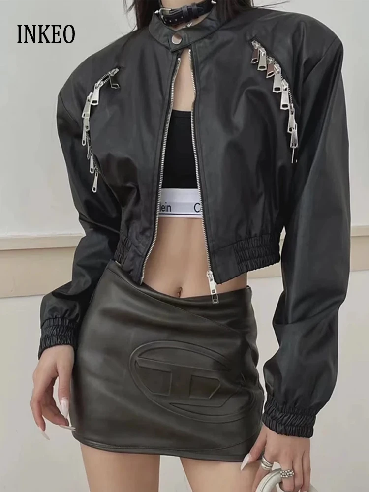 Faux leather bomber jacket for women 2024 Autumn Vintage Zipper Long sleeve cropped coat Black Oversize Lady clothing 4O086