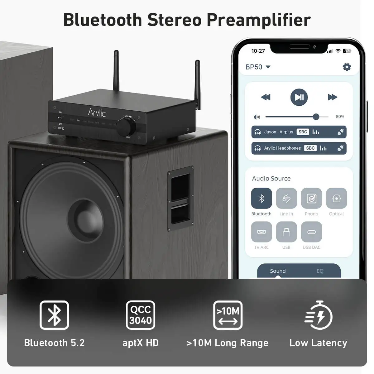 

Arylic BP50 Bluetooth 2,1-канальный предусилитель, приемник aptX HD, стереоусилитель, встроенный усилитель для домашних динамиков, Mini Class D, High