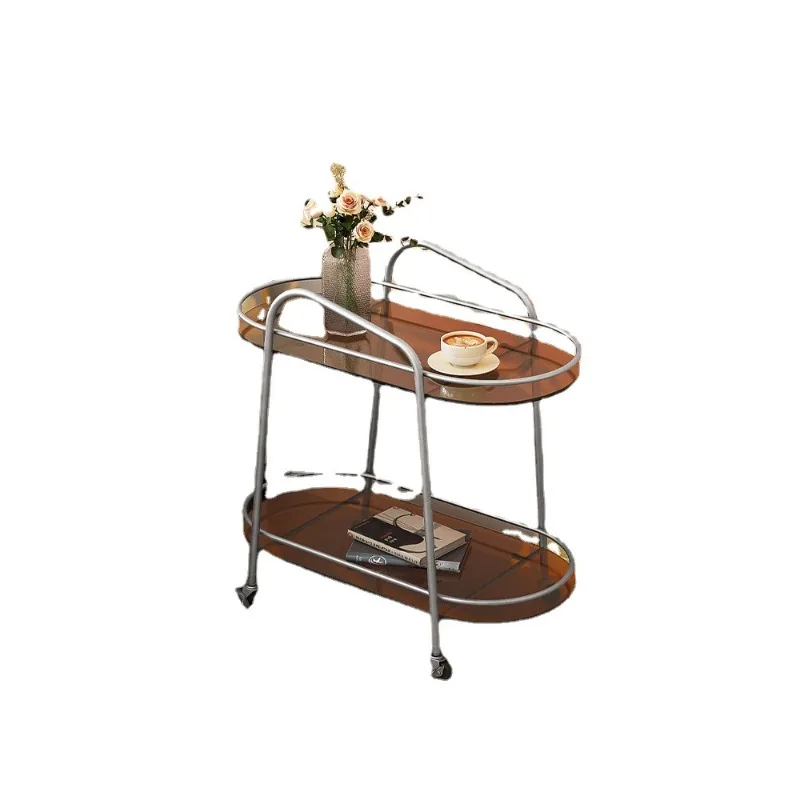 

Nordic light luxury trolley movable pastoral glass small coffee table sofa edge table creative with wheels living room rack