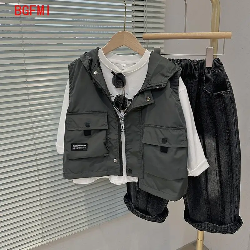 Children\'s Zipper Vest Spring Autumn Korean New Vestcost Boys Handsome Fashionable Versatile Hooded Sleeveless Inner Lining Coat