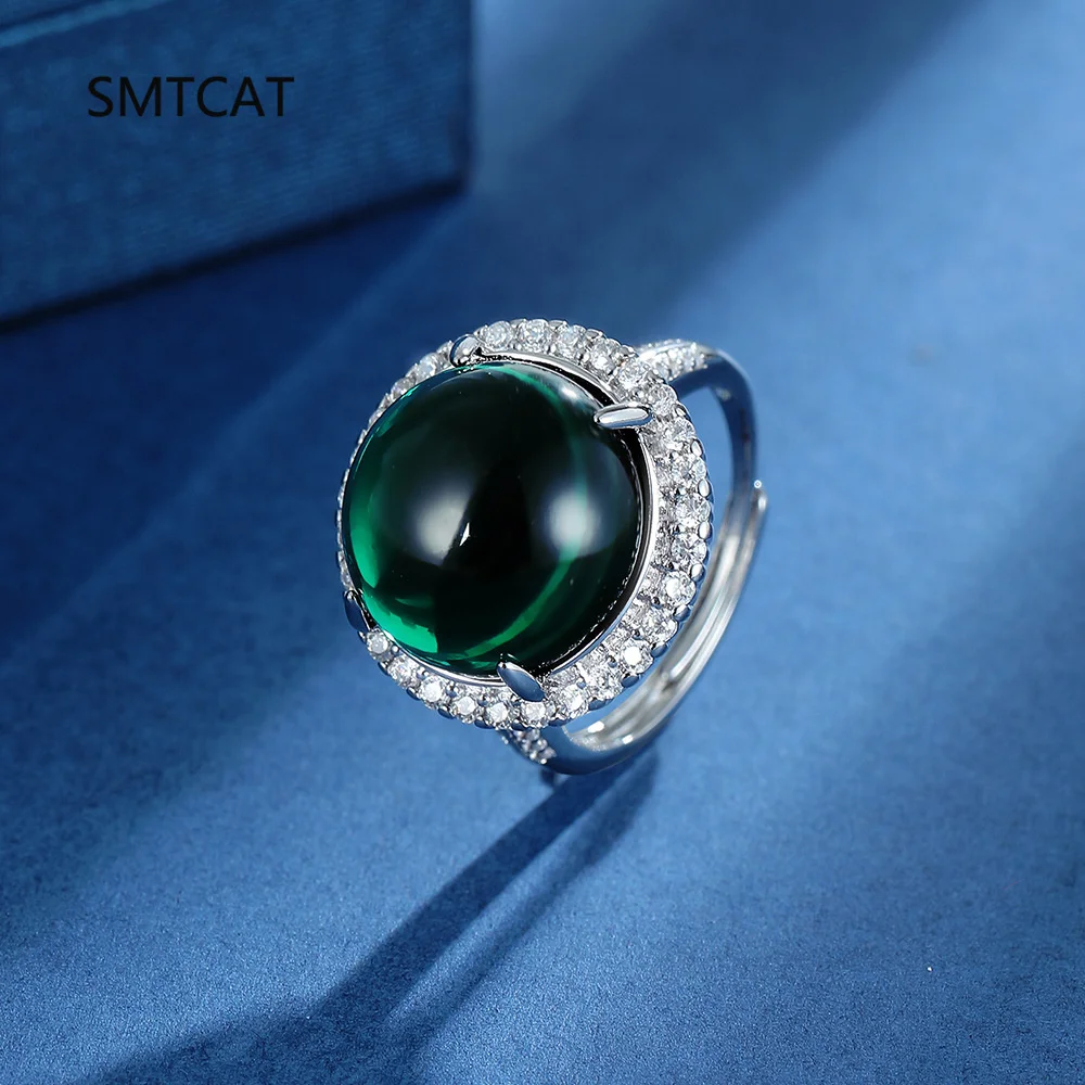 Round Green Simulated Nano Emerald 925 Sterling Silver Halo Adjustable Ring for Women Statement Gemstone Jewelry Anillo De Prata