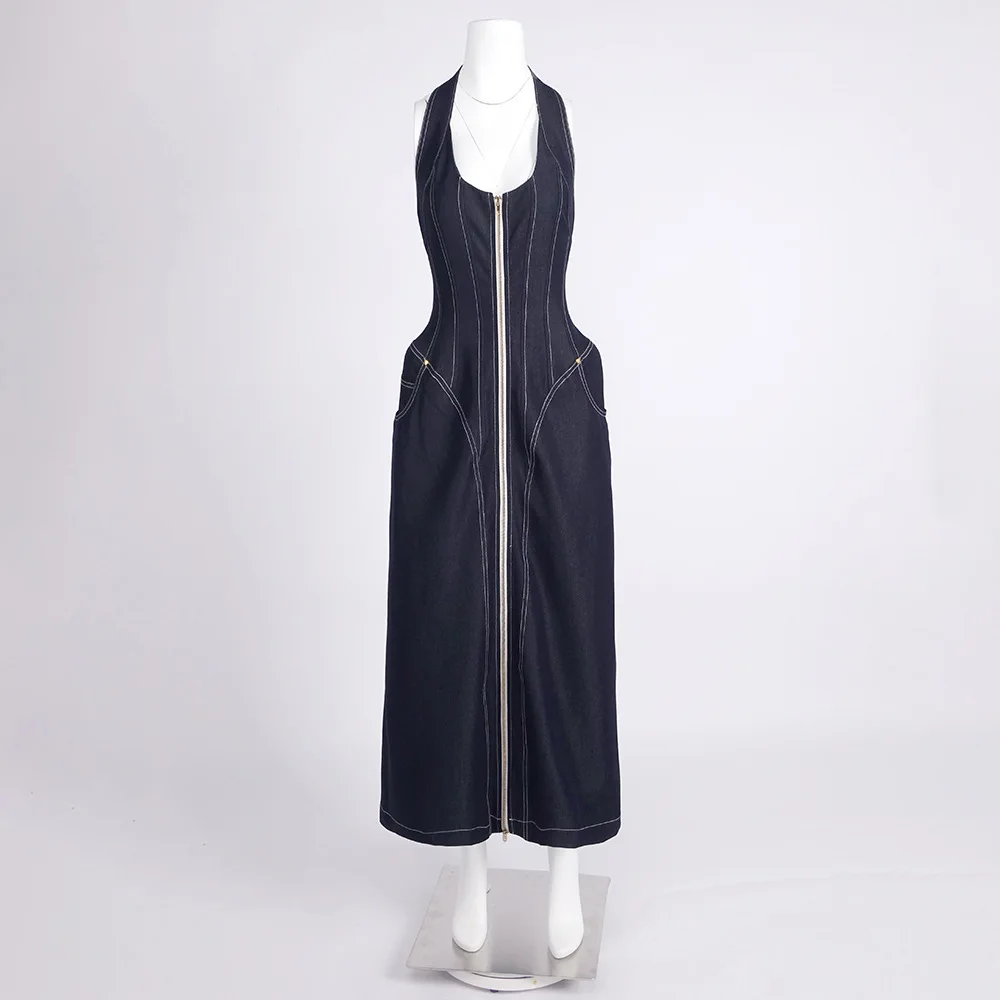 LEOSOXS ผ้ายีนส์คอเชือกแขวนคอแม็กซี่เดรสเปิดหลังซิปด้านหน้าผ่าเข้ารูปพอดีชุดราตรีชุดราตรีสไตล์ค็อกเทลชุดอย่างเป็นทางการ