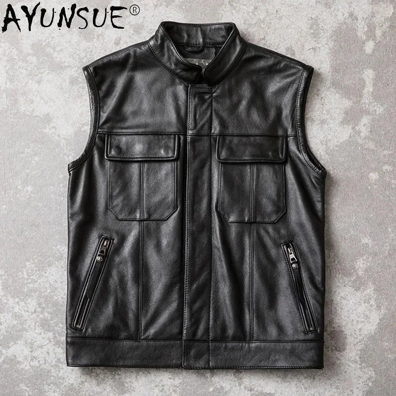 AYUNSUE Men Jacket New 2024 Mens Clothing Real Cow Leather Vest Autumn Men's Jackets Motocycle Vests Male Hommes Veste LXR387