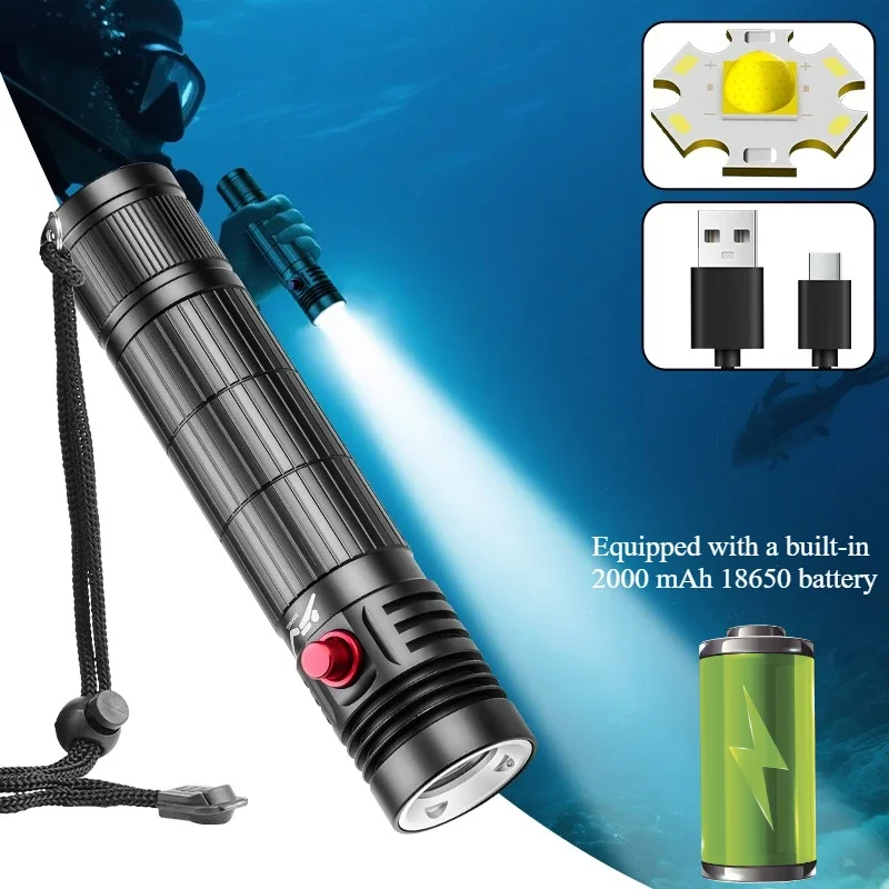 2000mAh Professionele Duikzaklamp Hoge Krachtige Onderwaterzaklampen IPX8 Waterdichte Onderwaterlantaarn Vissen DiveTorch