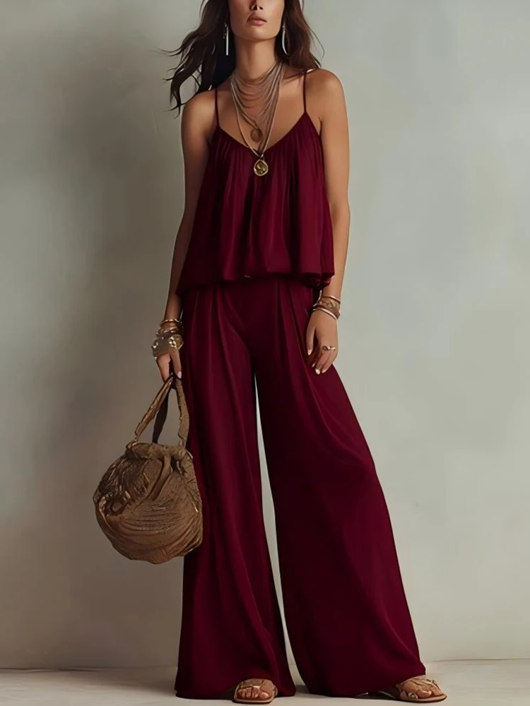 

Элегантный комплект: брюки с высокой талией и широкими штанинами, повседневный топ с V-образным вырезом и длинные брюки, летний однотонный комплект с вырезами для отпуска