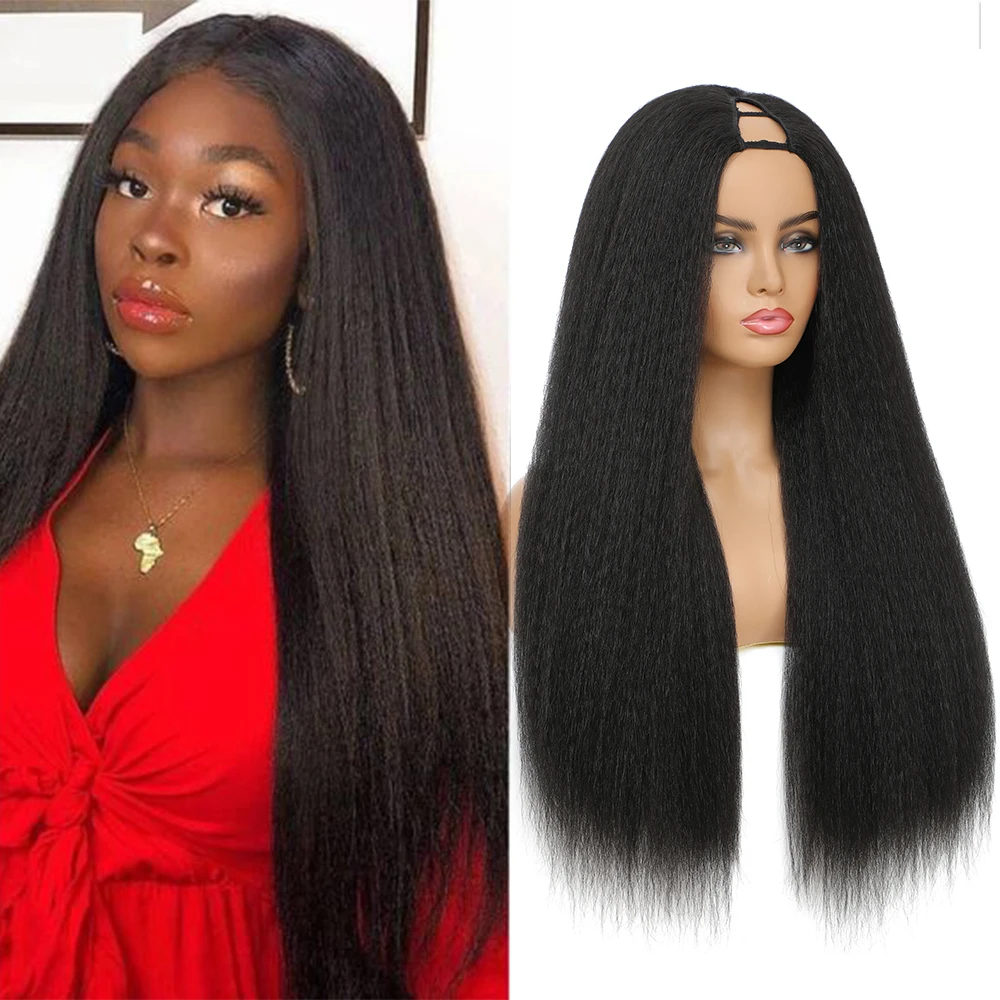 V Part Wig Synthetic Hair Wigs Yaki Straight U Part Hair Heat Resistant Wigs For Black Women Daily Wigs 12-26 inch