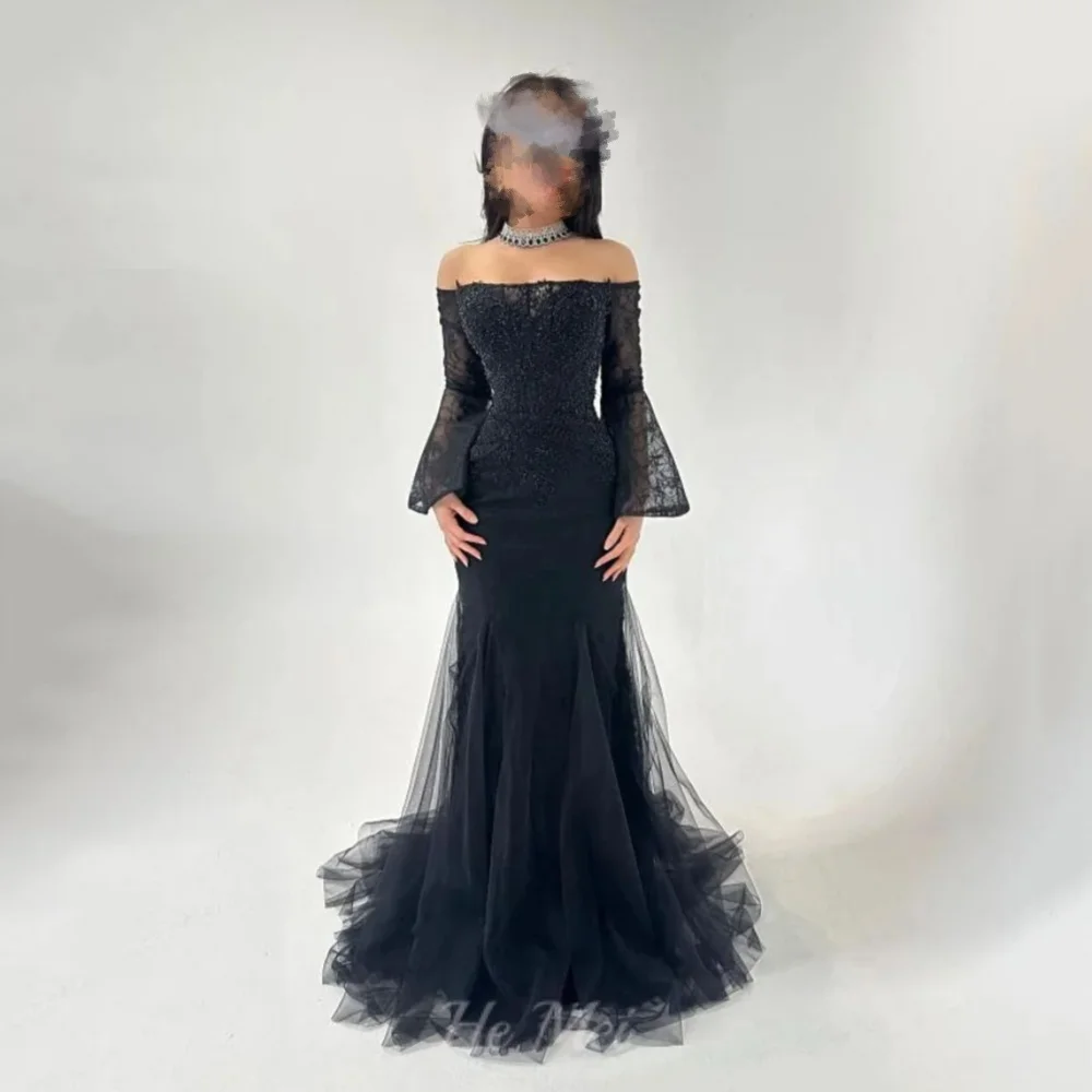 تول أسود مخصص فساتين لحضور الحفلات الموسيقية حورية البحر الديكور مساء فستان قبالة الكتف حمالة رداء حفلات Vestidos De Novia #4